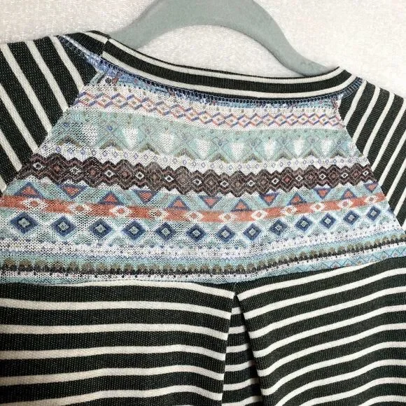Oddy Striped Long Raglan Sleeve Sweater Top Pullover Geometric Green White - Picture 9 of 11